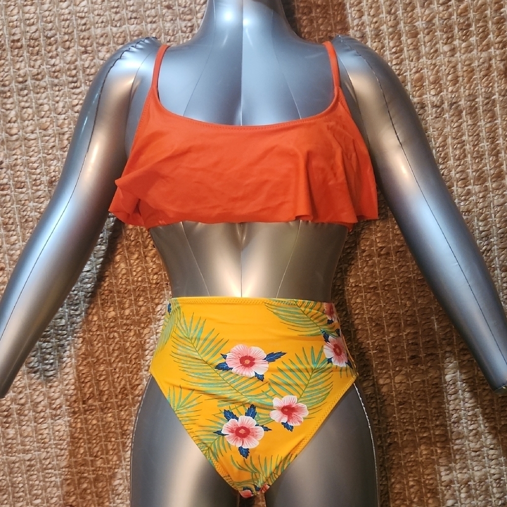 Old Navy Orange and Yellow Floral High Waisted Flowy Tropical Bikini NWOT